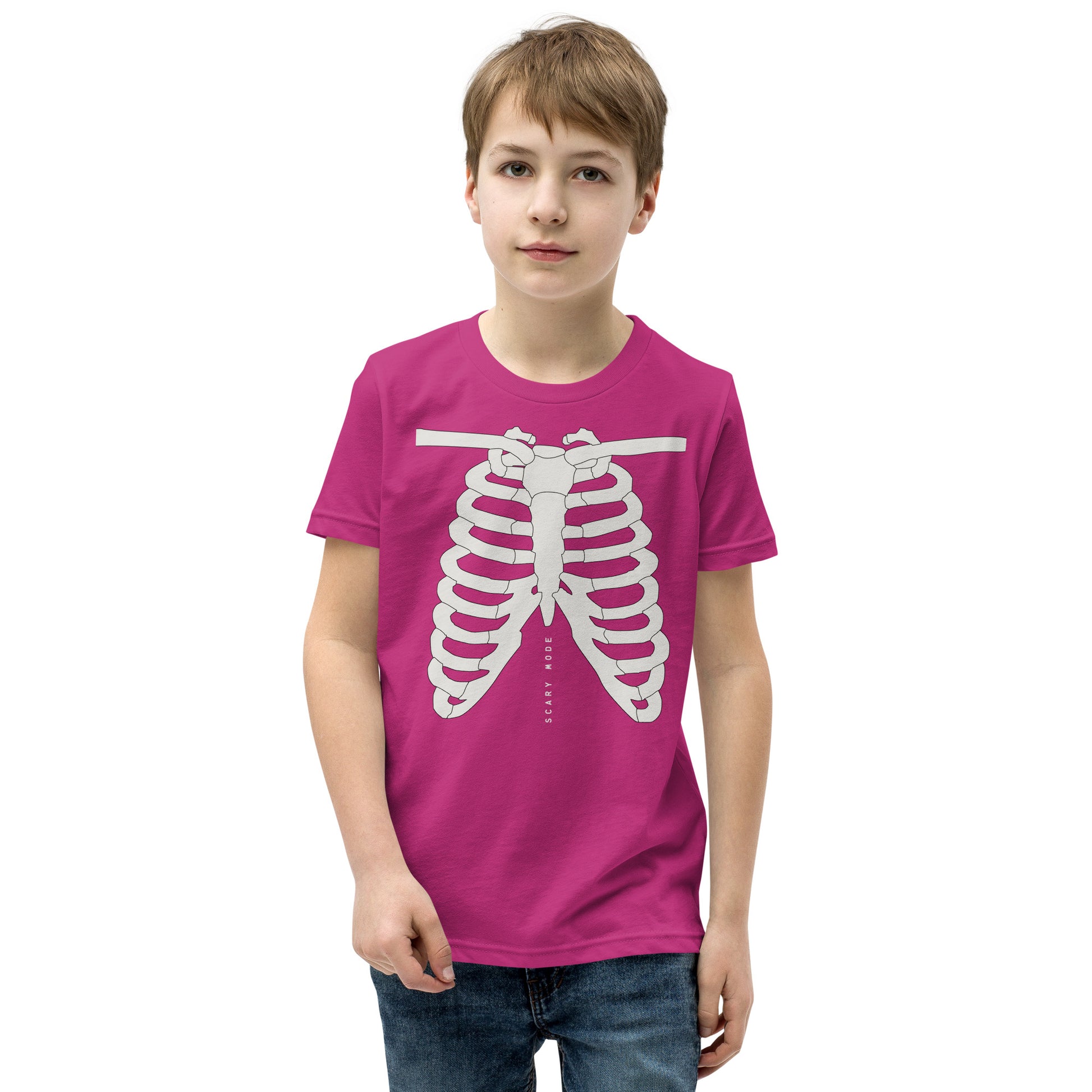 youth t-shirt with skeleton ribcage and 'Scary Mode' text design