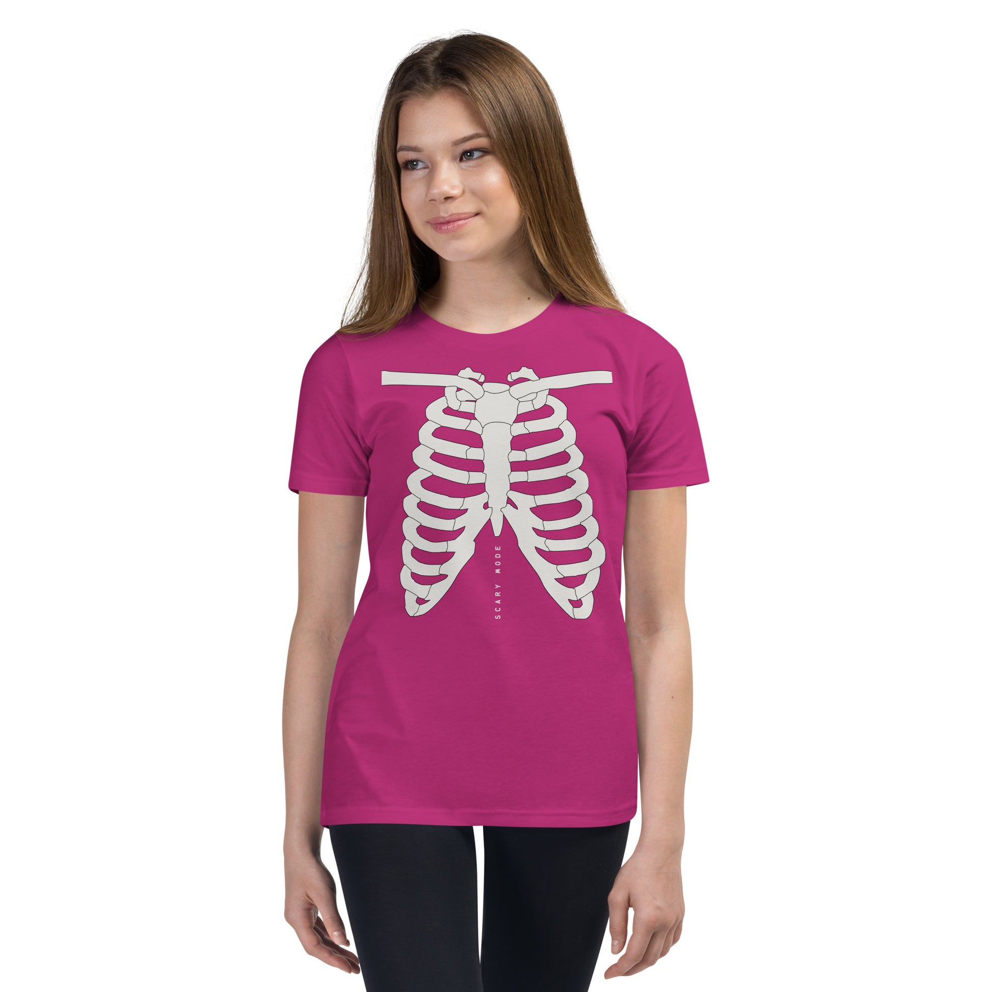 youth t-shirt with skeleton ribcage and 'Scary Mode' text design