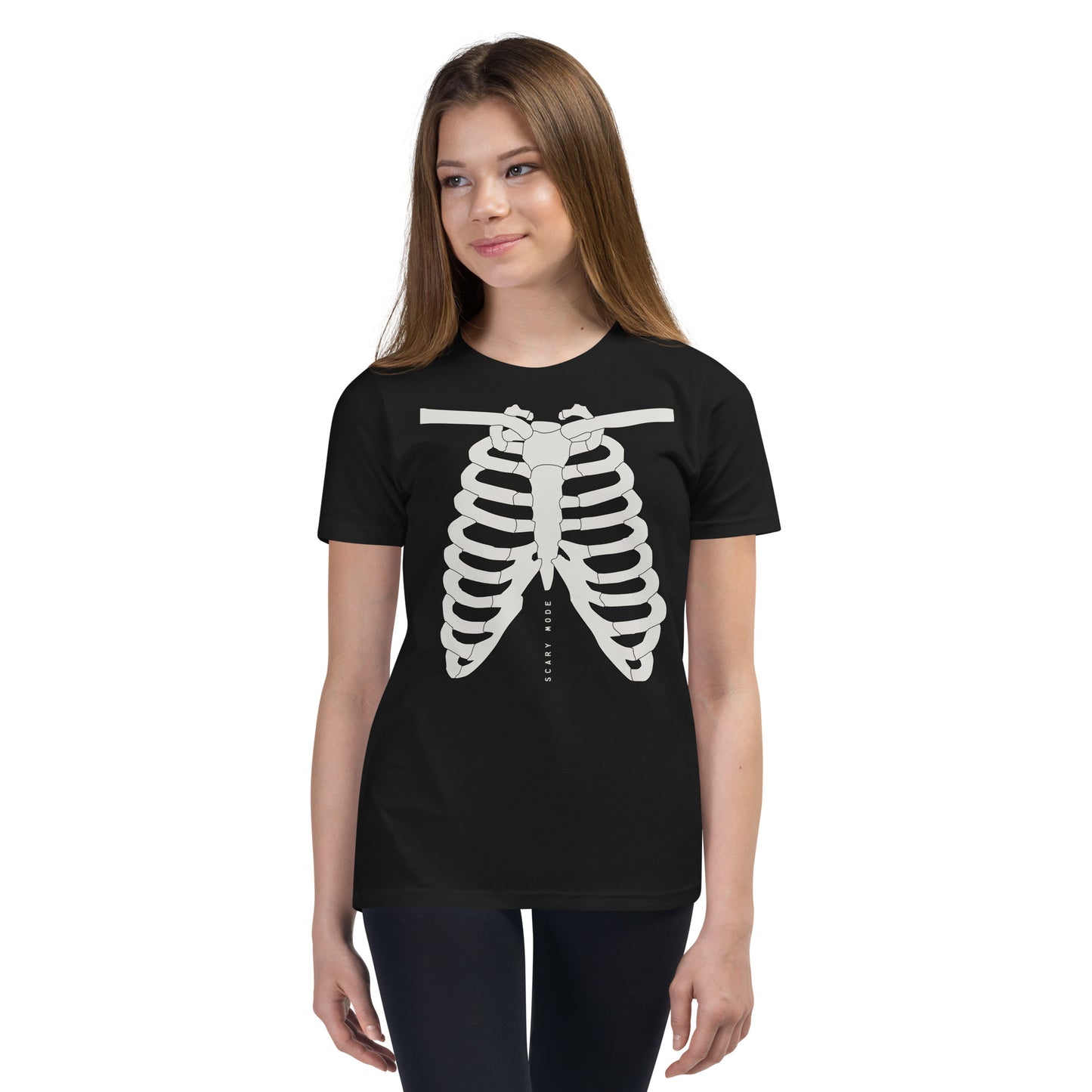 youth t-shirt with skeleton ribcage and 'Scary Mode' text design