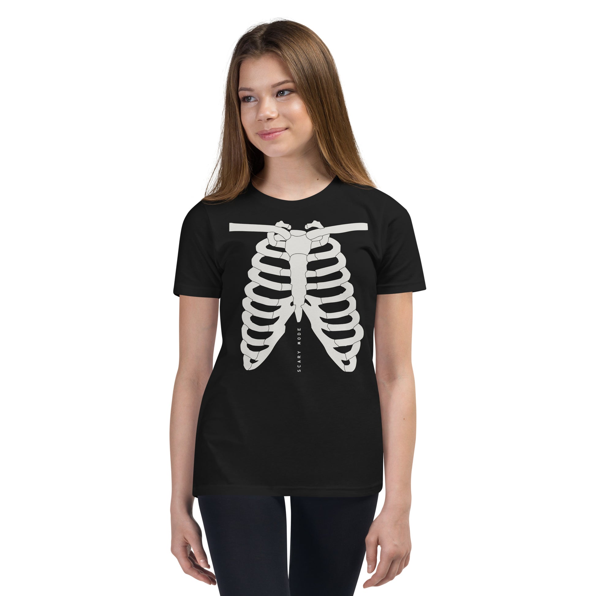youth t-shirt with skeleton ribcage and 'Scary Mode' text design
