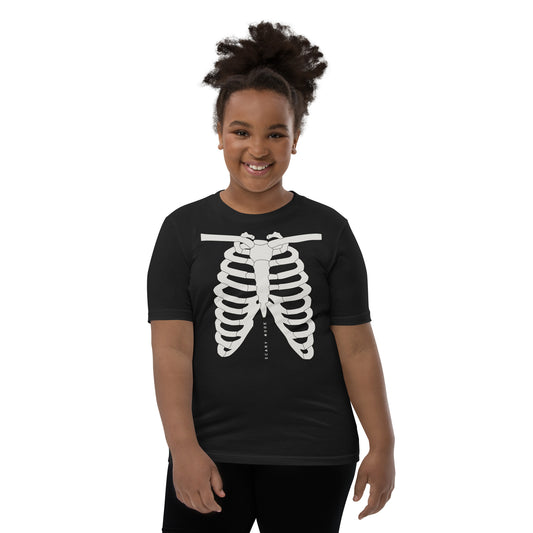 youth t-shirt with skeleton ribcage and 'Scary Mode' text design