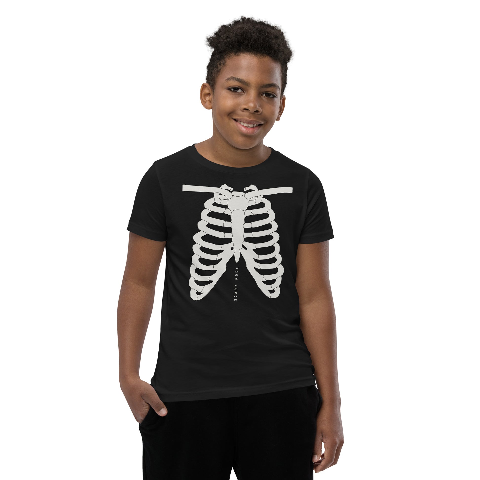 youth t-shirt with skeleton ribcage and 'Scary Mode' text design