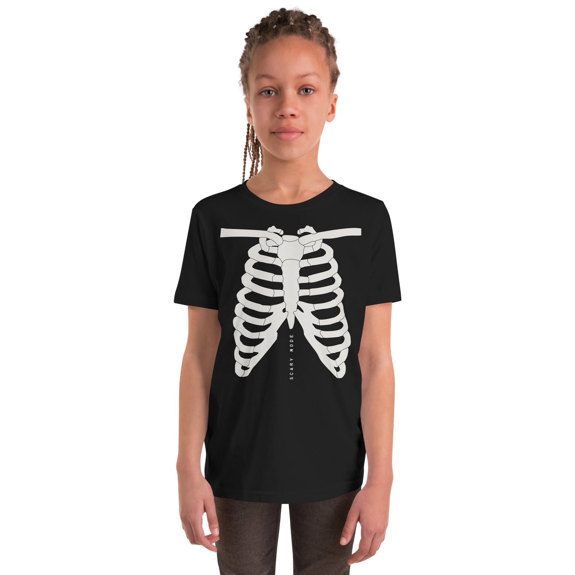 youth t-shirt with skeleton ribcage and 'Scary Mode' text design