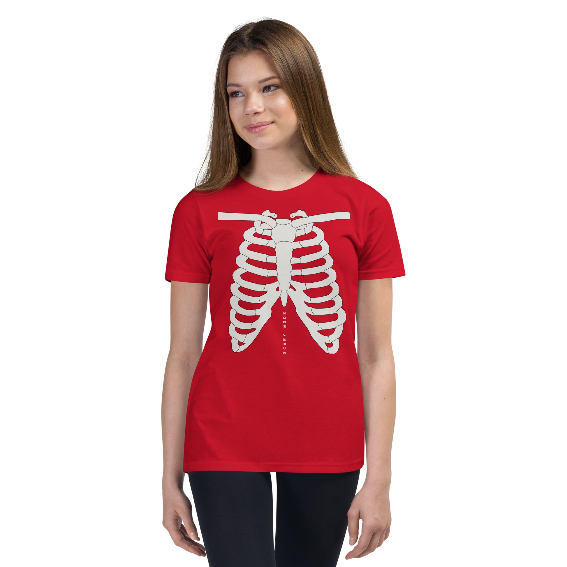 youth t-shirt with skeleton ribcage and 'Scary Mode' text design