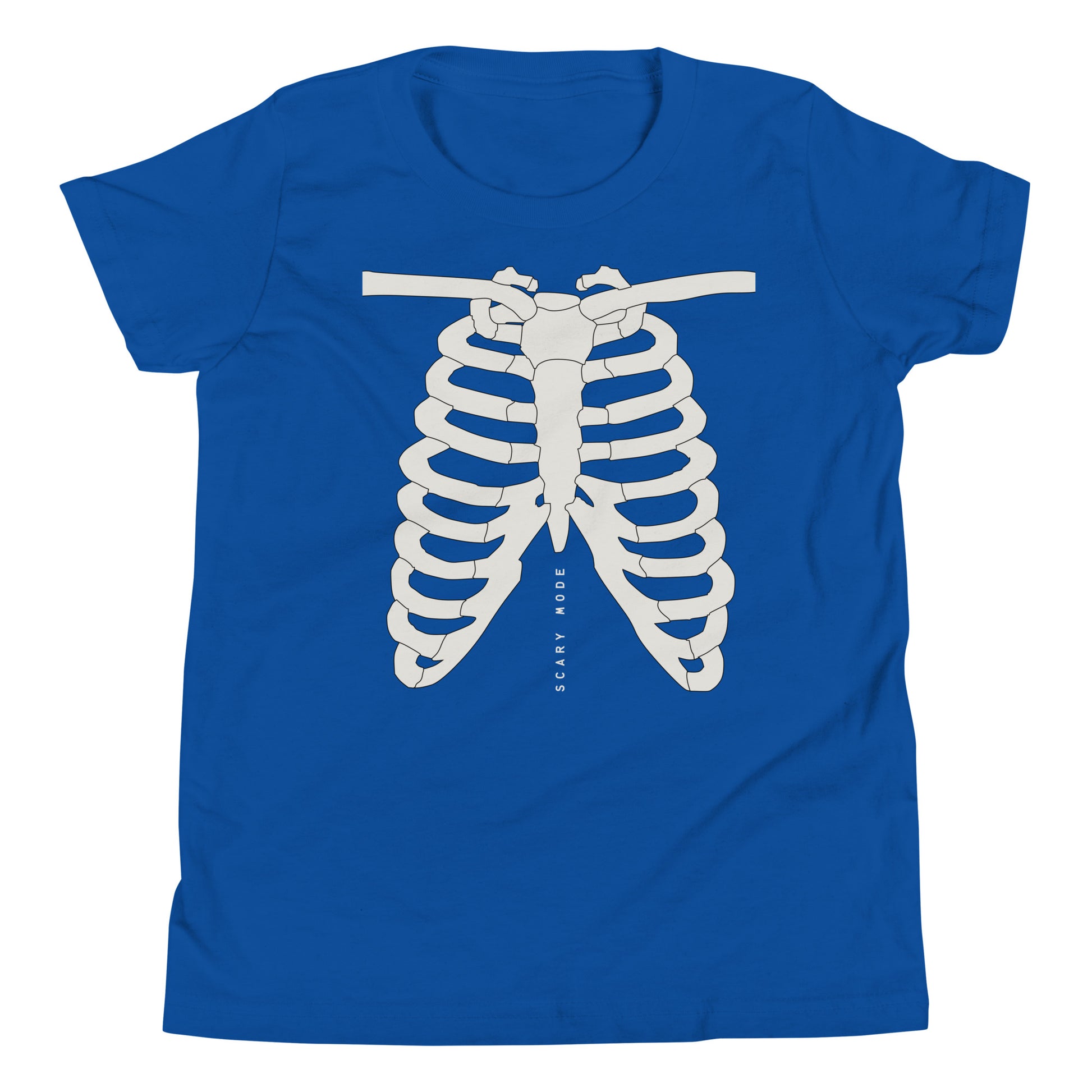 youth t-shirt with skeleton ribcage and 'Scary Mode' text design