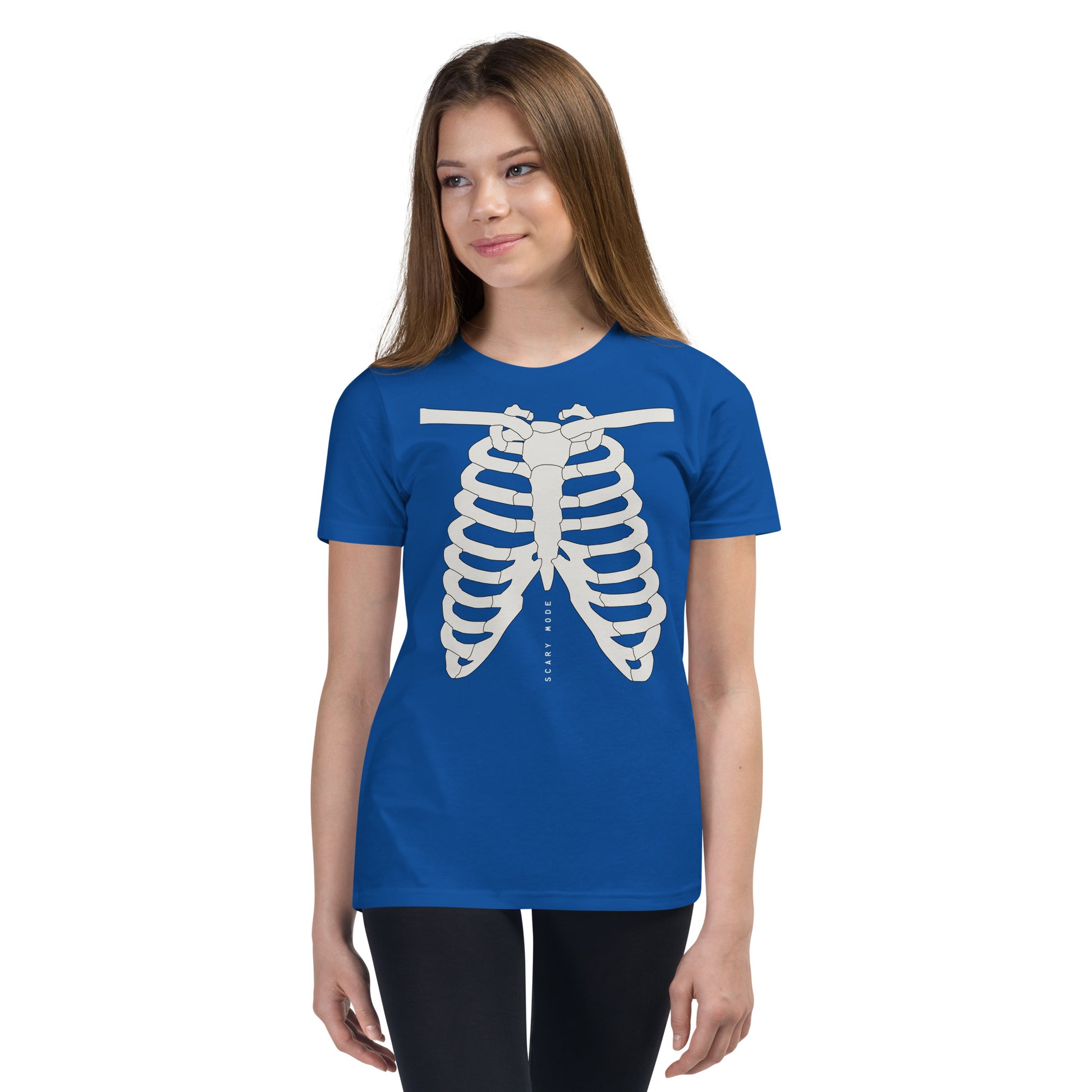 youth t-shirt with skeleton ribcage and 'Scary Mode' text design