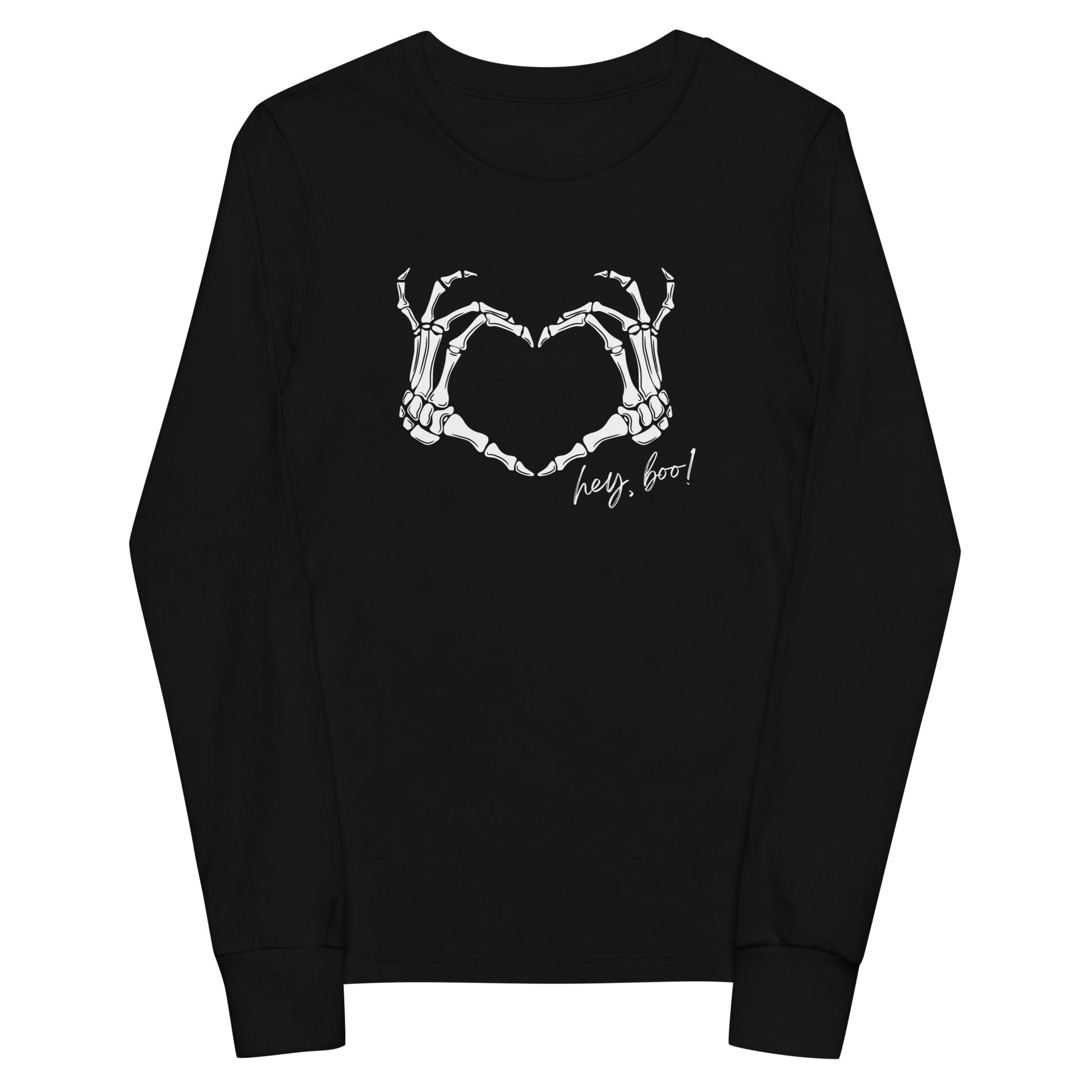 youth long sleeve t-shirt with skeleton hands heart graphic and 'Hey Boo!' text