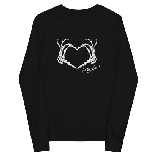youth long sleeve t-shirt with skeleton hands heart graphic and 'Hey Boo!' text