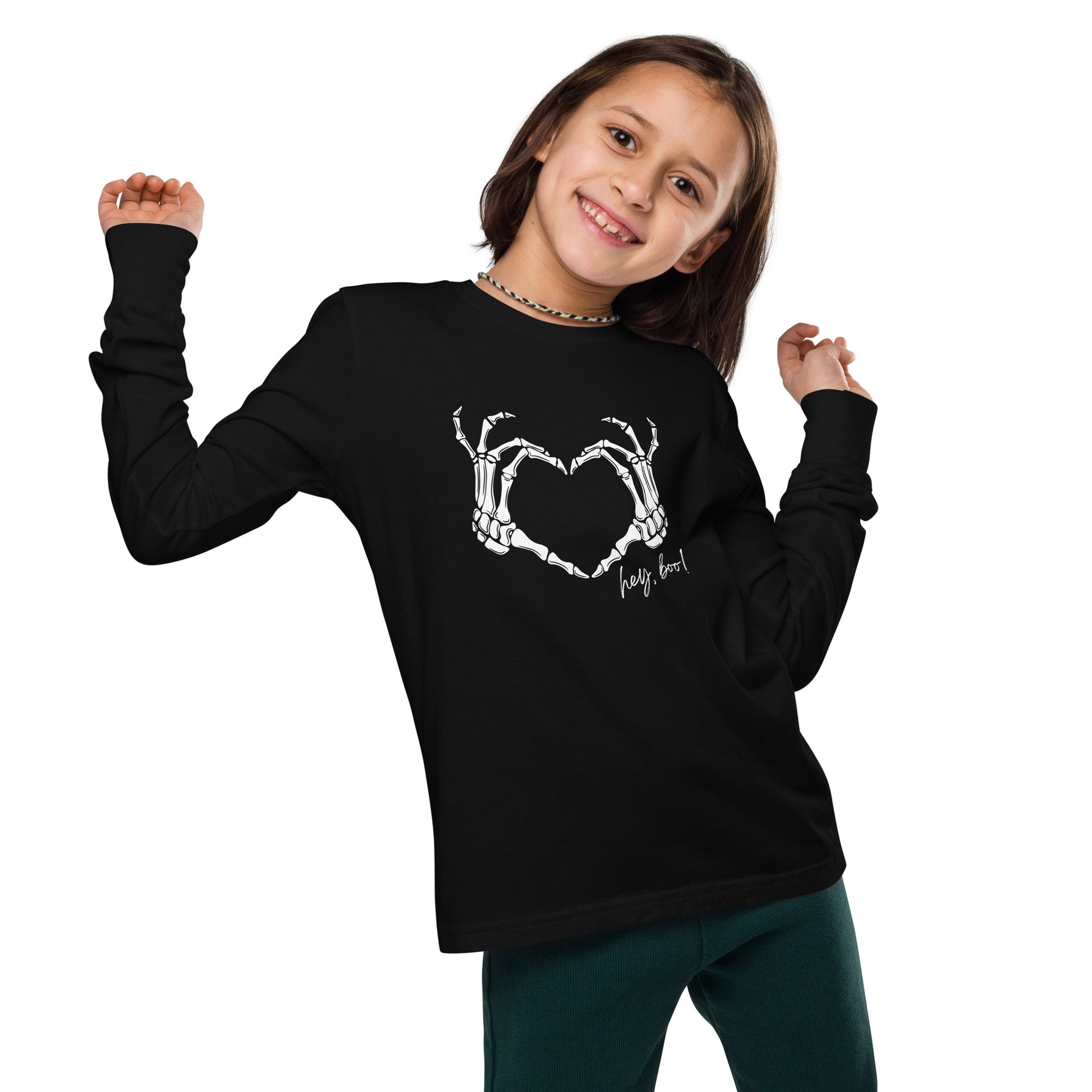 youth long sleeve t-shirt with skeleton hands heart graphic and 'Hey Boo!' text