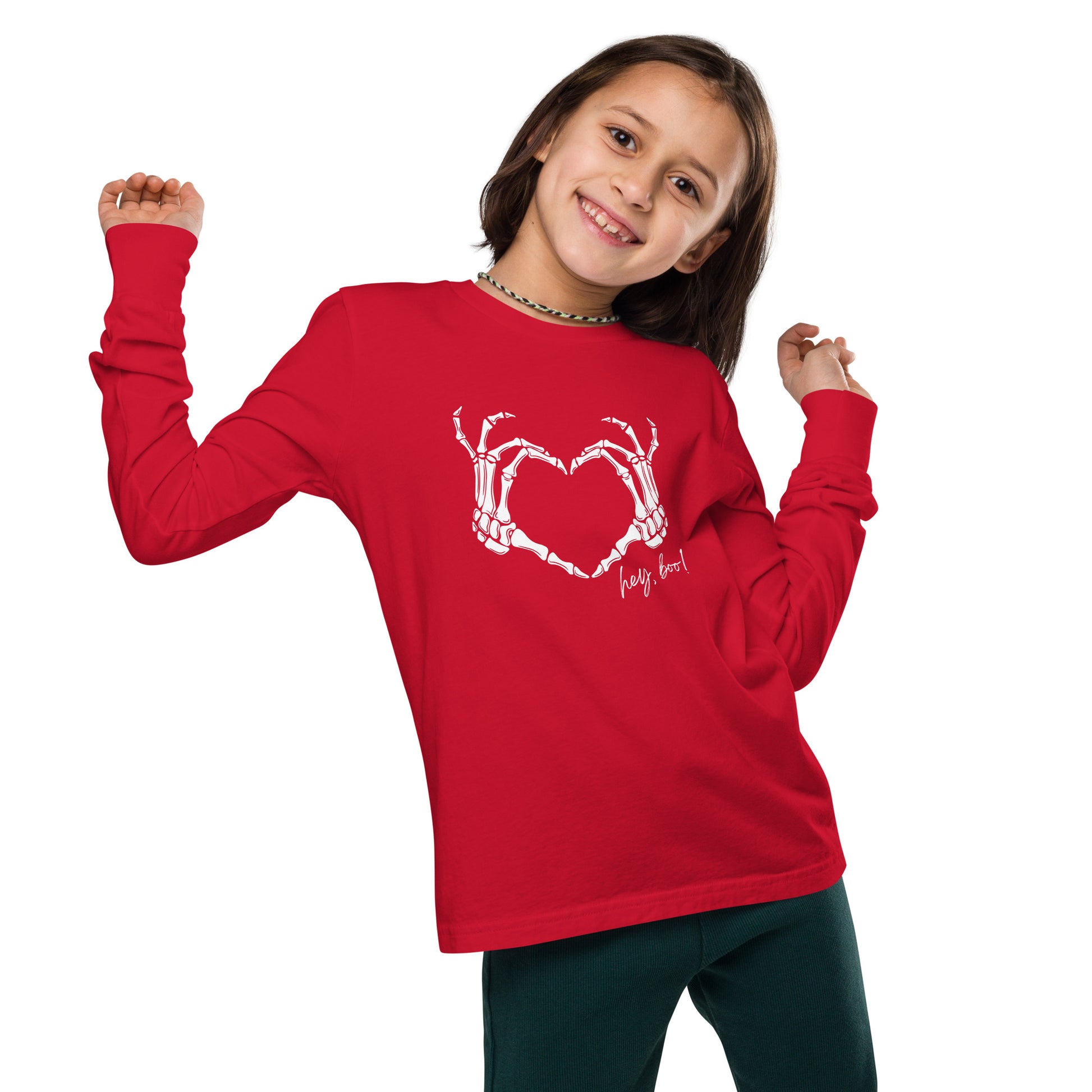 youth long sleeve t-shirt with skeleton hands heart graphic and 'Hey Boo!' text