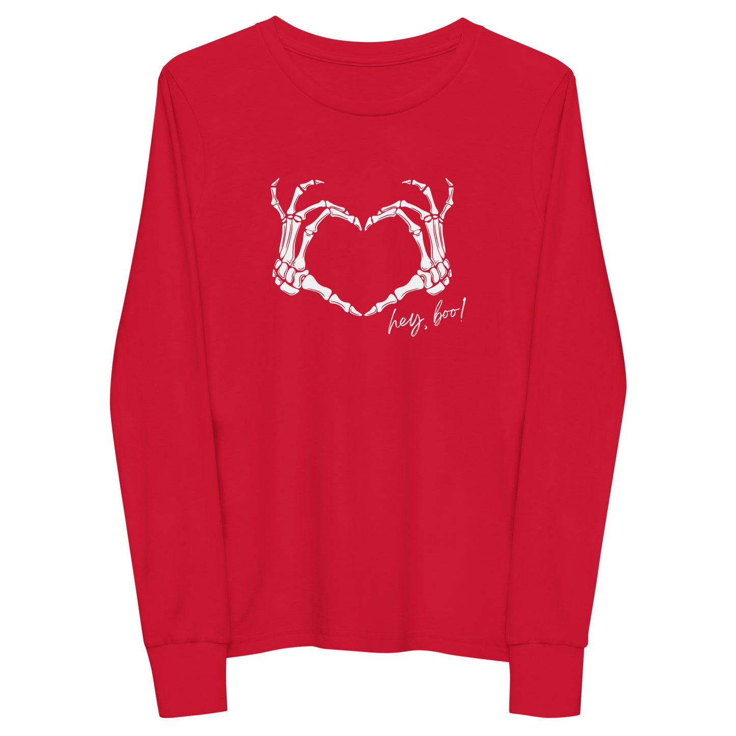 youth long sleeve t-shirt with skeleton hands heart graphic and 'Hey Boo!' text