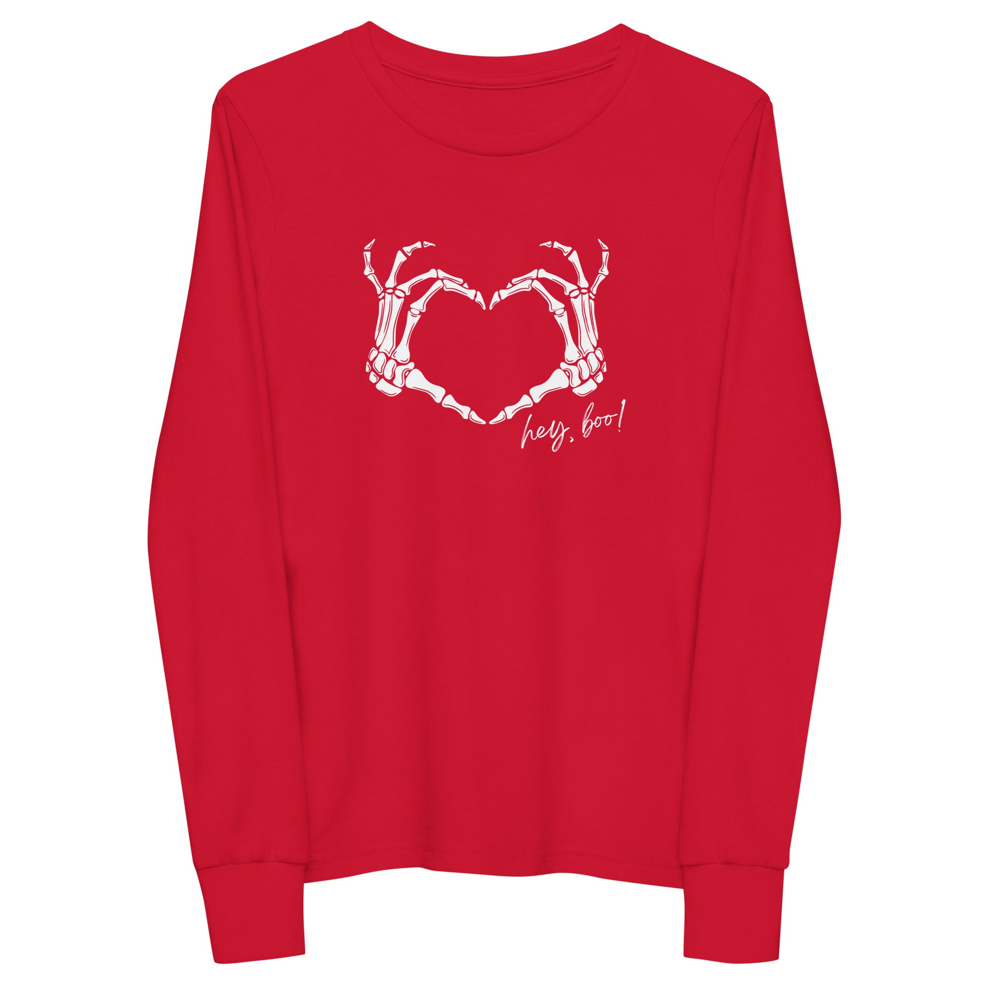 youth long sleeve t-shirt with skeleton hands heart graphic and 'Hey Boo!' text