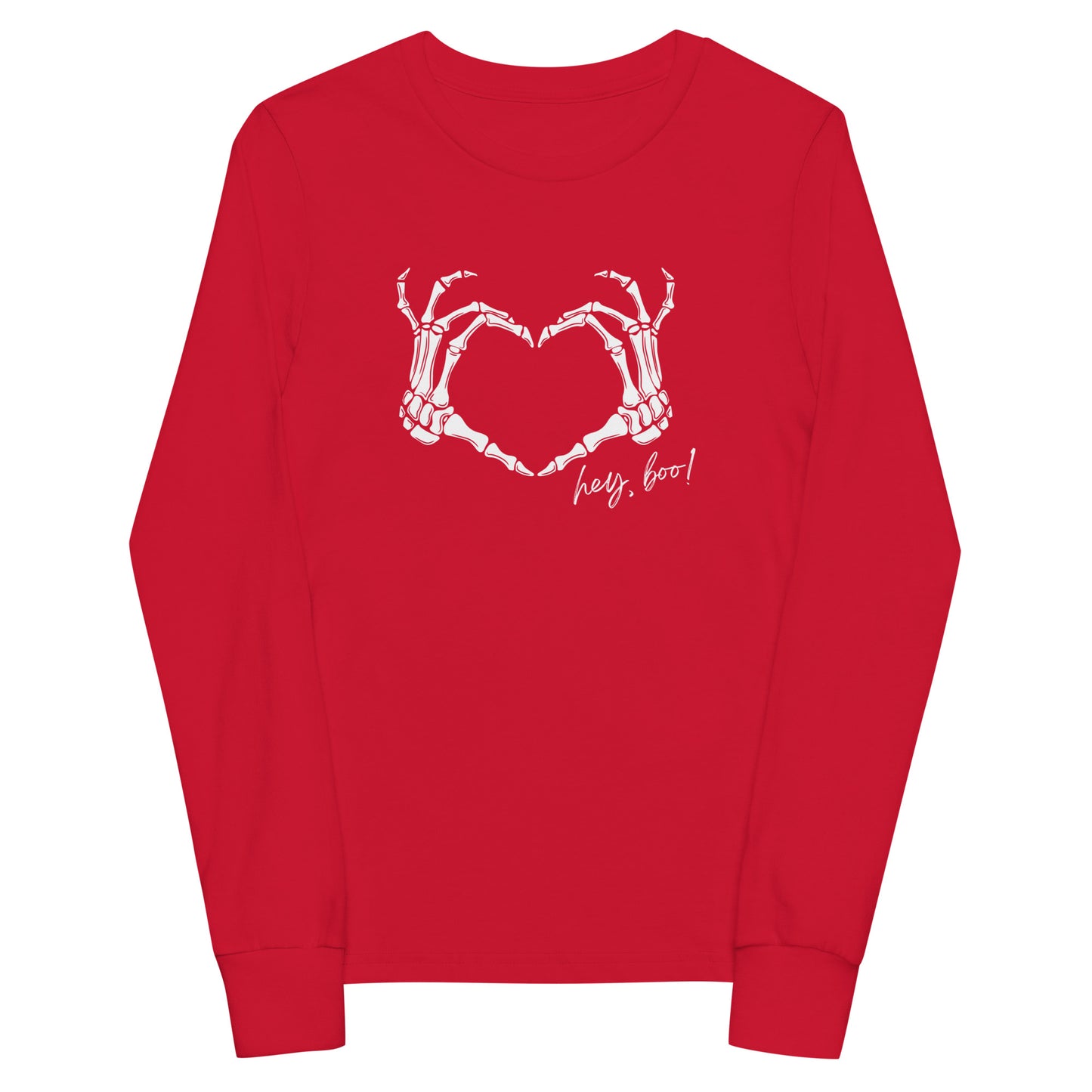 youth long sleeve t-shirt with skeleton hands heart graphic and 'Hey Boo!' text