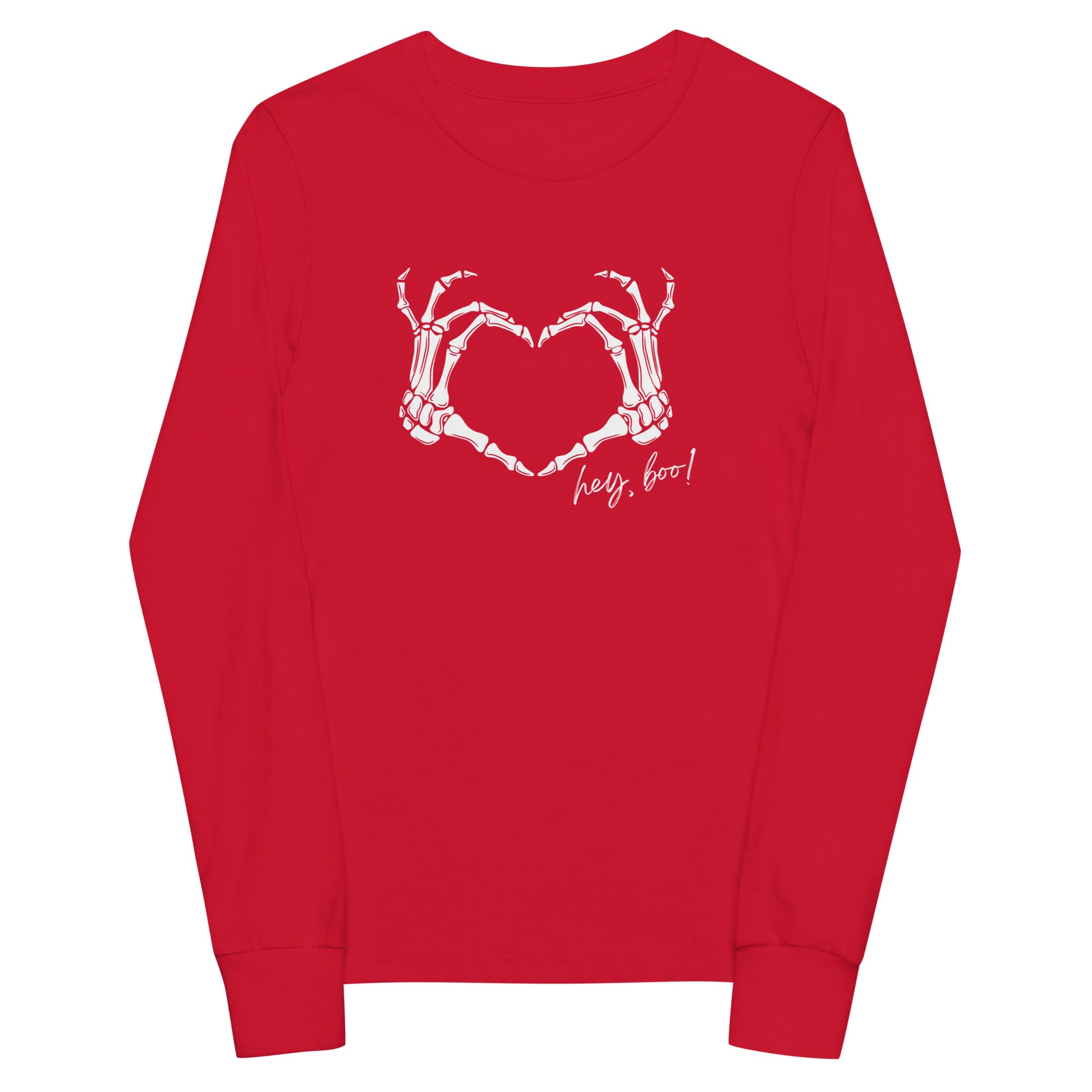 youth long sleeve t-shirt with skeleton hands heart graphic and 'Hey Boo!' text