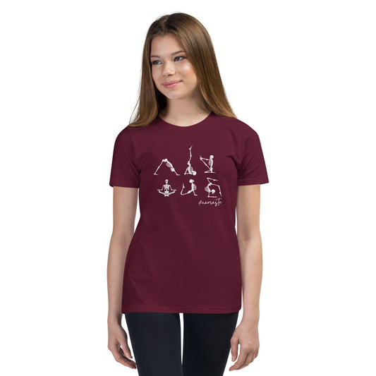 youth t-shirt with skeletons in yoga poses and #namaste text design