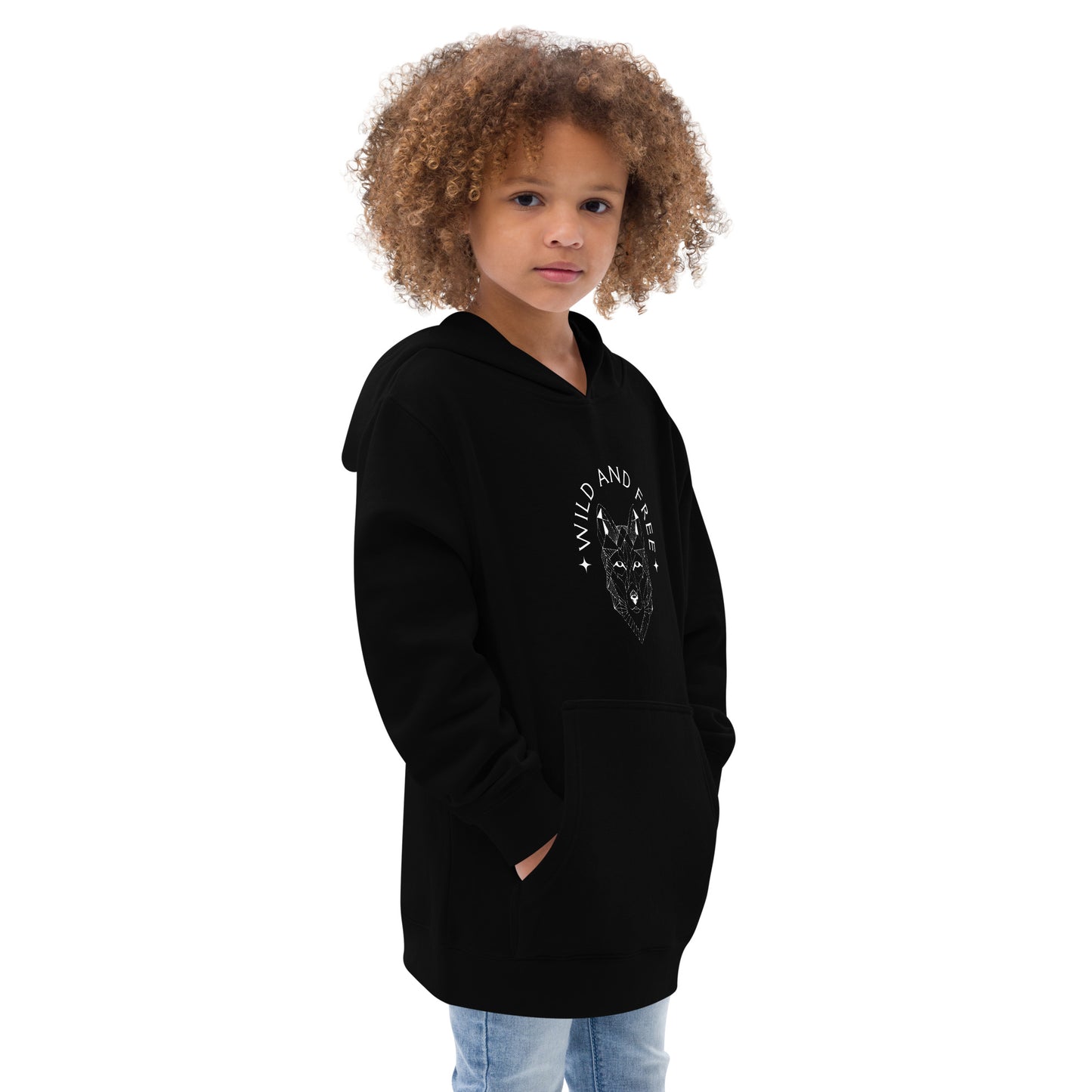 youth hoodie with 'Wild and Free' wolf graphic design