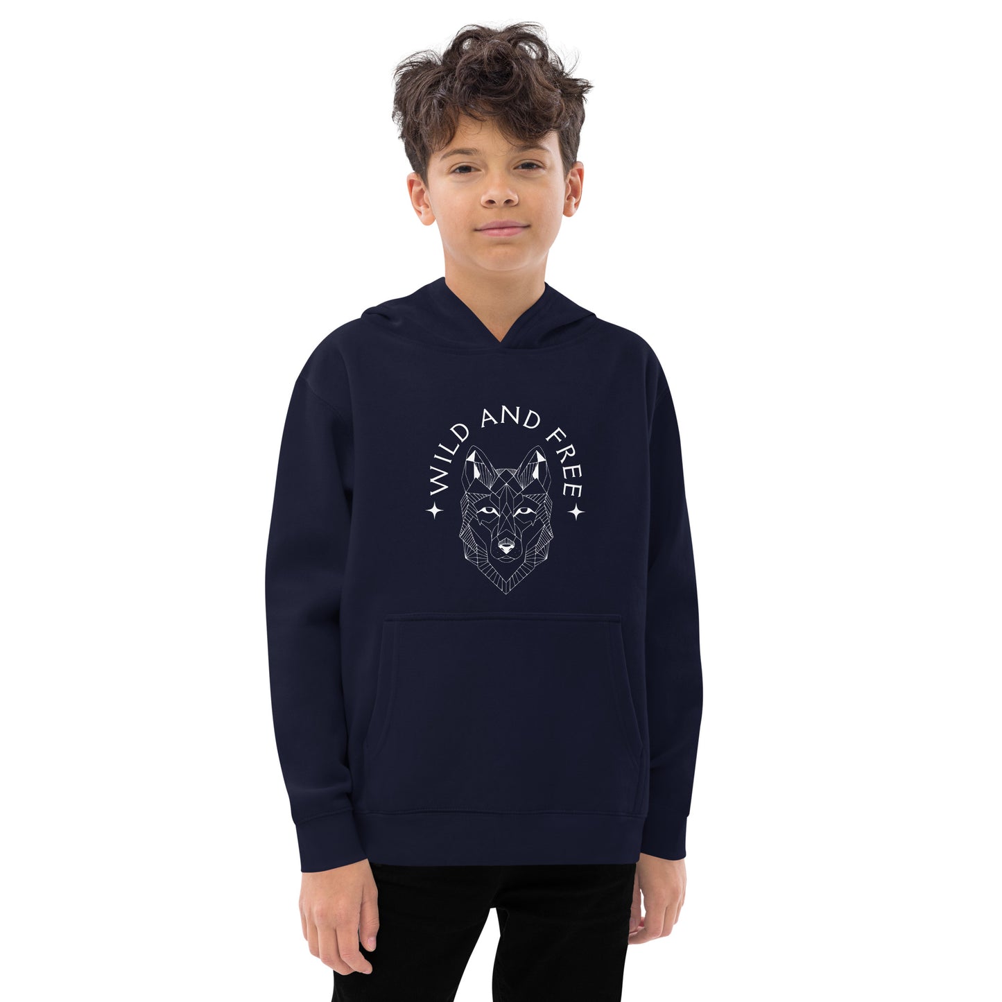 youth hoodie with 'Wild and Free' wolf graphic design